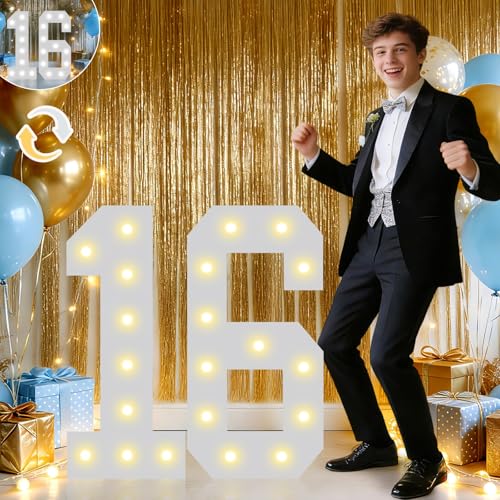 Pooqla 2.4FT Light Up Numbers for Sweet 16 Party Decorations, Marquee Numbers Party Decor for Her Him, Mosaic Big Sign for 16th Birthday Decoration Backdrop, Cool White and Warm White Number 16