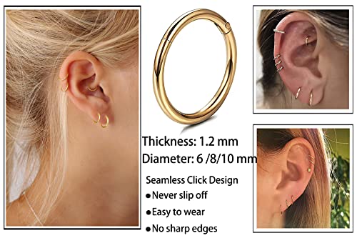 Unisex Dainty Tiny 18K Real Gold Plating Cartilage Huggie Hoop Earrings, 16G Surgical Steel Small Endless Hinged Hoops Earring For Earlobe Cartilage Helix Rook Daith Conch Nose Lip Body Piercing Jewelry (Gold 6/8/10Mm) #TOP6