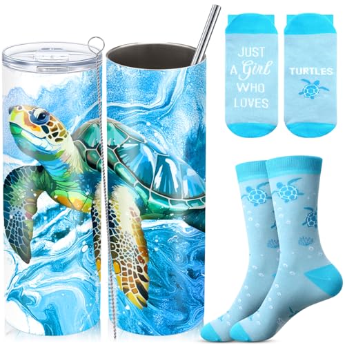 Funnymoom 2 Pack Sea Turtle Themed Gift for WomenTumbler Socks Set