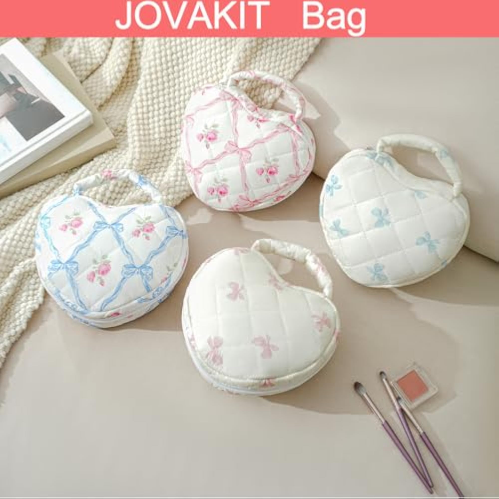 Quilted Heart Shaped Makeup Bag, Floral Coquette
