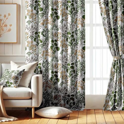 Vargottam Printed Blackout Curtains - Green Botanical Garden Design, Set of 2 Panels, 42 x 63 Inches - Room Darkening, Thermal Insulated Window/Door Drapes with Grommets