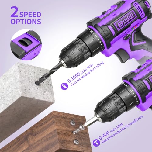 Image of Purple Cordless Drill Set,20V Drill Driver with Battery and Charger,3 /8-Inch Keyless Chuck, Variable Speed,with Drills Bits Set