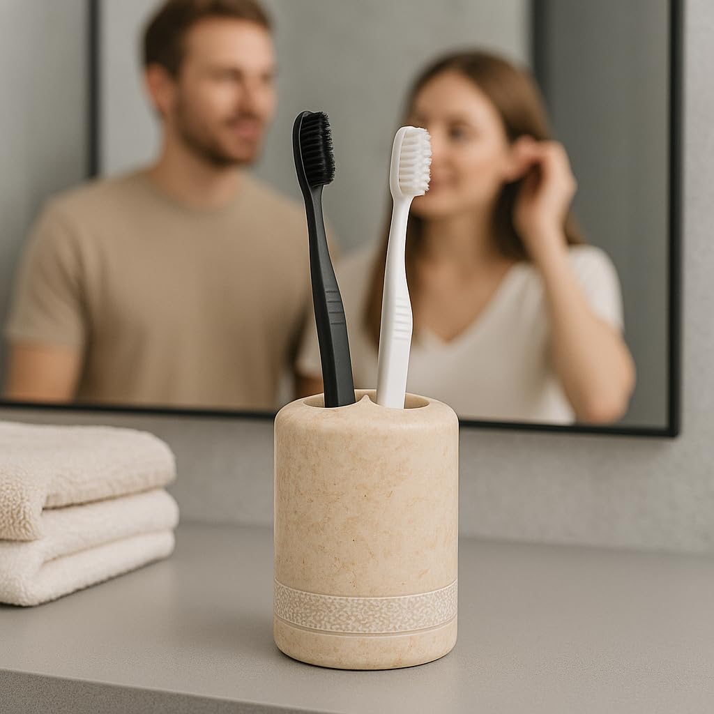 Creative Home Natural Champagne Marble SPA Hand Carved Collection Toothbrush Makeup Brush Holder Bathroom Countertop Organizer, 3.5" Diam. x 4.4" H, Beige