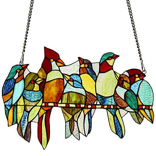 70% Off Discount ARTZONE Birds Stained Glass Window Hangings Handmade Tiffany Window Panel Home Decor for Christmas Thanksgiving Day Gifts(W19 H12 Inch)