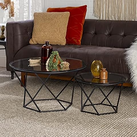 Eden Bridge Designs Mid Century Modern Wood Nesting Tables for Living Room Bedroom Home Office, Set of 2, Geometric Design, Glass, Black, 71x71x41 cm Cover