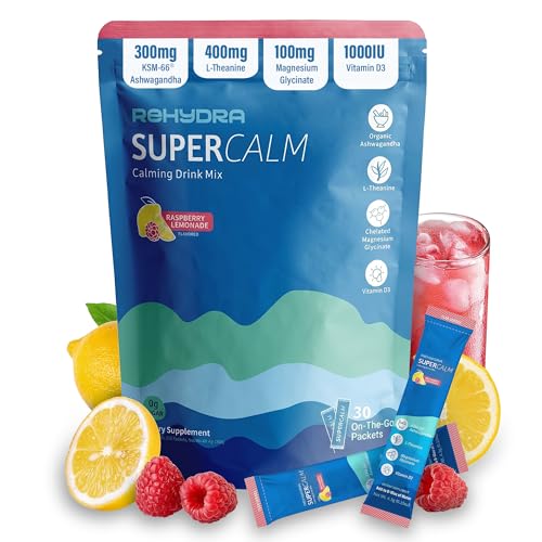 Rehydra SuperCalm Cortisol Powder Drink Mix for Stress Calm & Sleep Support with Magnesium Glycinate L-Theanine KSM-66 Ashwagandha & Vitamin D3 Zero Sugar Raspberry Lemonade Flavour 30 Servings