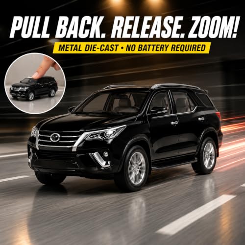Image of 1:32 Scale Black Fortuner Die Cast Metal Pull Back Toy Car with Openable Doors Lights and Sound Realistic 4x4 SUV Miniature Model Vehicle Collectible Gift for Kids Boys Girls Durable Premium Toy Car
