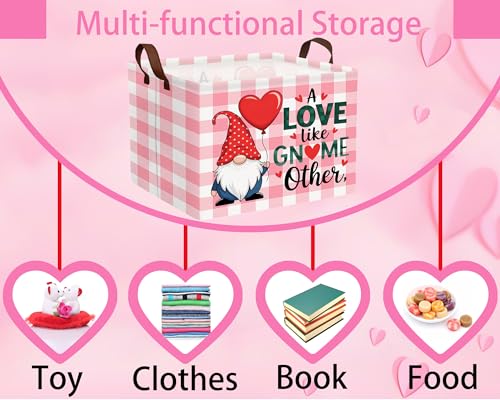 Image of Valentines Day Basket for Kids Heart Shaped Empty Storage Bins for Gifts with Handles Room Decor (Pink Grid Gnome Balloon Love)