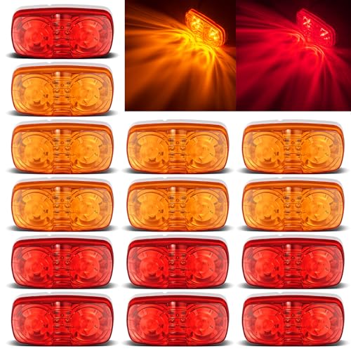 FBAAUKUS 14x LED Trailer Marker Lights Double Bullseye 10 Diodes Clearance Light Red/Amber 4x2 inch Tiger Eye/Double Bubble Waterproof Rectangular LED Side Marker Light For RV Truck Camper etc