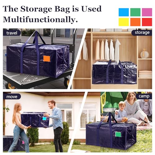 Image of 12 Pack Moving Bags with Full-Open Side Zipper, Extra Large 93L Heavy Duty Waterproof Foldable Storage Totes for College Dorm, Moving & Home OrganizationDarkBlue