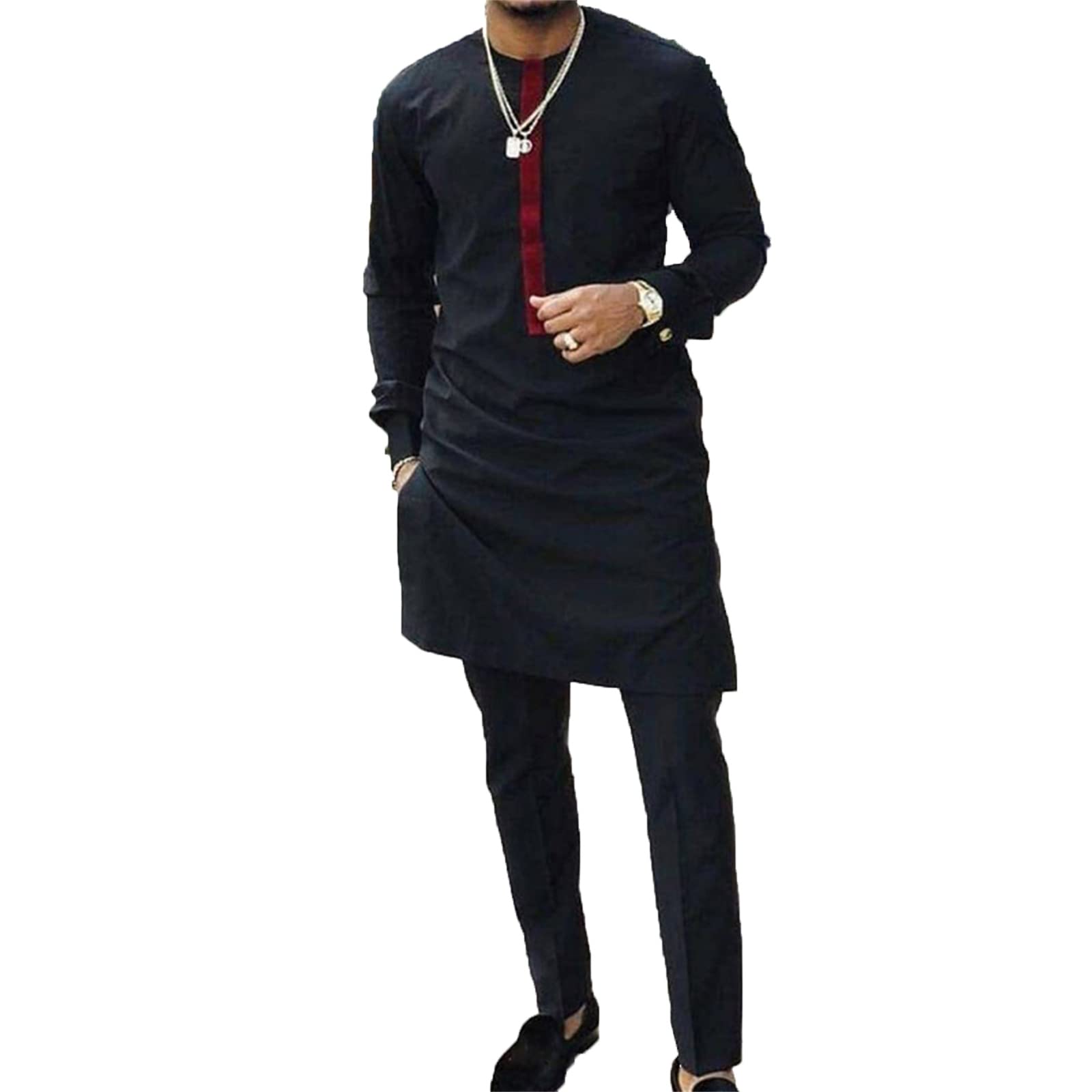 Rxears Men's # 7 African Long Sleeve Kurta 2 Piece Set Dashiki Shirt + Pants Outfit Dress Suit Traditional Tracksuit