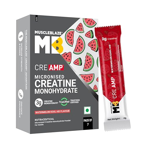 Image of MuscleBlaze Micronised Creatine Monohydrate CreAMP Powder, 7 Sachets | Watermelon Kool Aid | Trustified Certified Creatine | Travel Pack