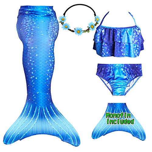 GALLDEALS Cola De Sirena con Monoaleta Disfraz Traje De Sirena con Aleta, 4pcs con Bikini Traje para Niña para Nadar