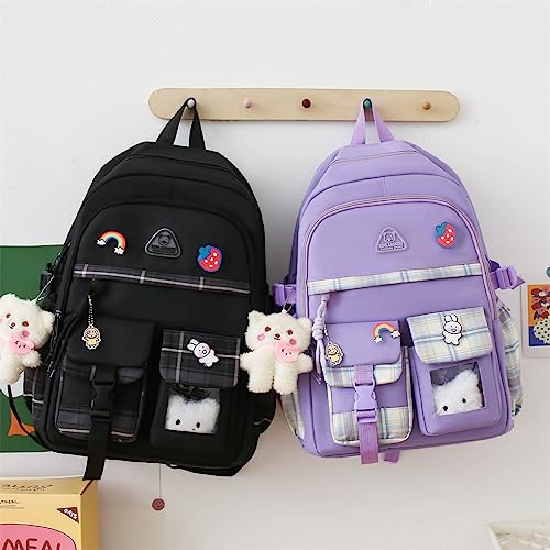 Lsdgfriday Kawaii Backpack Set 5Pcs Canvas Plaid School Bag With Cute Pendants Pins Accessories For Teen Girls Aesthetic Backpack Shoulder Tote Bags Daypack For Back To School #TOP3