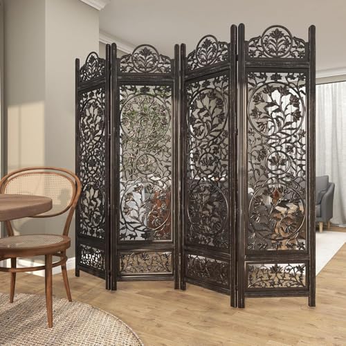 Image of Wooden Room Partition and Folding Privacy Screens Wooden Room Divider for Bedroom Home Office Room Divider Room Partition (6 Feet 4 Panel Dark Brown)