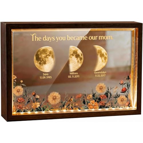 Image of Mom's Sky/Universe Led Light Frame, Personalized Moon Phase Picture Frame Light Box with Kid's Name Birthdate, Gifts for Mom Grandma Mother's Day (Birth Flower Frame)