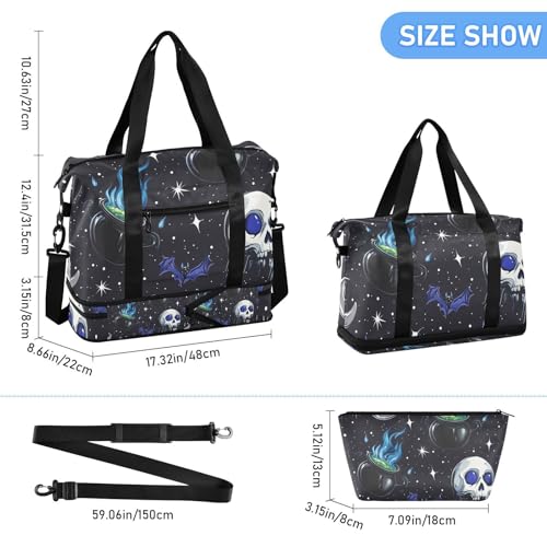 ALAZA Sports Duffel Bags with Toiletry Bag Set,Bat Skeleton Pattern Travel Duffel Bags Multi Pockets Weekend Bag3