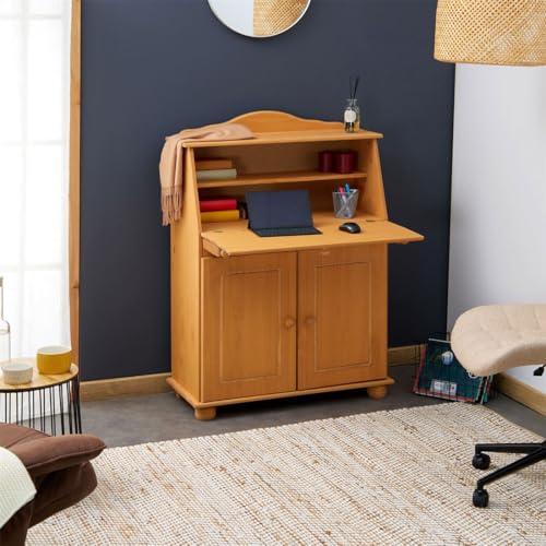 Bureau secrétaire David pin massif avec rangement étagères et portes de bureau