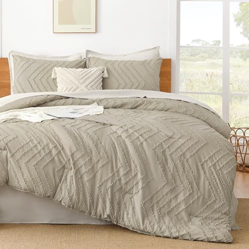 Image of Litanika Boho Queen Comforter Set, 3 Pcs Oatmeal Lightweight Bedding Set