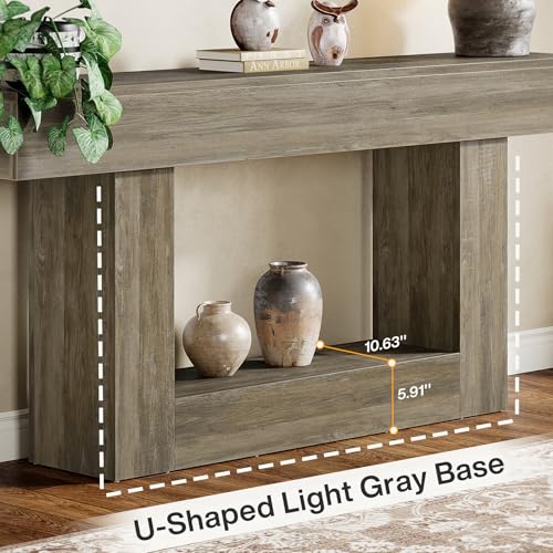 Tribesigns 63" Console Table, Farmhouse 2-Tier Entryway Table with U-Shaped Base, Narrow Long Wood Sofa Table Behind Couch Table for Living Room, Hallway, Foyer, Light Gray