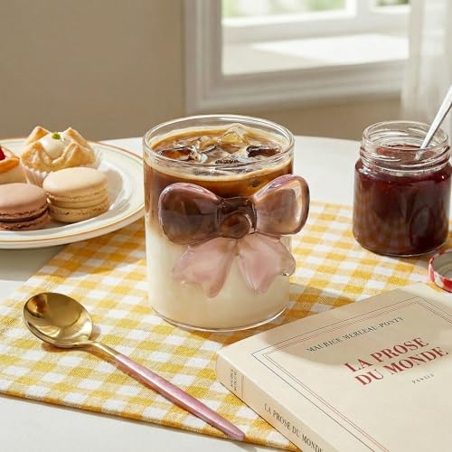 Image of Goaste 4 Pack Cute Pink Bow Glass Cups, 10 oz Clear Water Glasses with Bow Design, Aesthetic Iced Coffee Mug Tumbler, Old Fashioned Cocktail Glassware for Women Friends Wedding Engagements Gifts Party