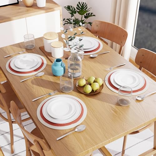 Image of Dining Table Mats Set of 4 | Cotton Table Mat 32 cm Diameter, Encasa XO Washable Round Table Mats, Heat Resistance Dining Table Placemats, Handmade Ribbed Style for Centre Table, Coral & Off White