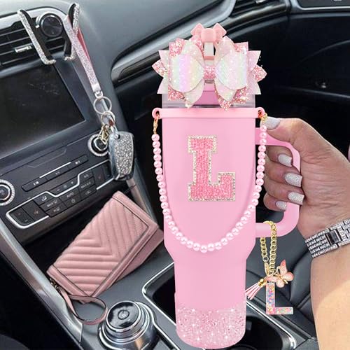 Hpebl 9PCS Pink for Stanley Cup Accessories Set Bling Initials Bow Charms for Stanley Decorations 30/40 Oz Tumbler Accessories Including Bow Straw Topper, Handle Strap, Spill Stopper（Letter L） - image 6