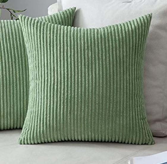 Seechoo Corduroy Cushion Covers, Set of 2, 45 x 45 cm, Striped, with Invisible Zipper, 18 x 18 Inch (Sage Green) - Image 2
