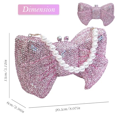 Image of Handmade Inlay Rhinestone Bow Clutch Bag for Women, Sparkling Evening Party Wedding Purse with Detachable Pearl Chain