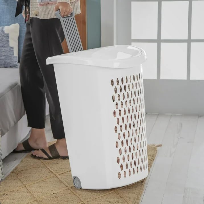 Wheeled Laundry Hamper with Handle for Easy Transport, White Plastic Clothes Hamper Basket with Lid