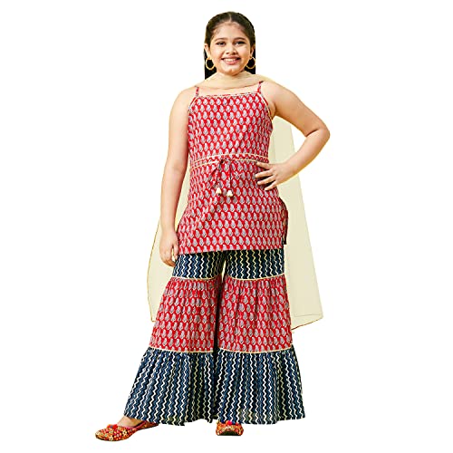 Image of StyloBug Girl's Printed Sleeveless Kurti with Sharara Set Ethnic Wear Dress for Girls