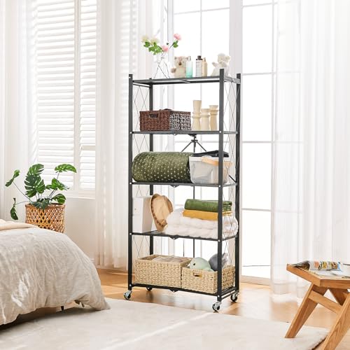 Image of BRIAN & DANY 5-Tier Foldable Storage Shelves with Wheels, Folding Metal Rack Shelving Unit, Heavy Duty No Assembly Organizer Shelf for Garage, Kitchen, Basement, Pantry, Black