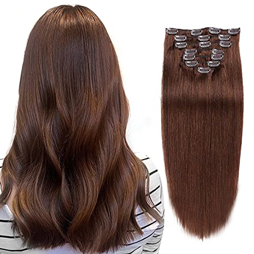 valen Clip in Hair Extensions Remy Hair Medium Brown 100g 8pcs 14inch Straight Full Head Silky Double Weft Real Human Hair Clip in Extensions