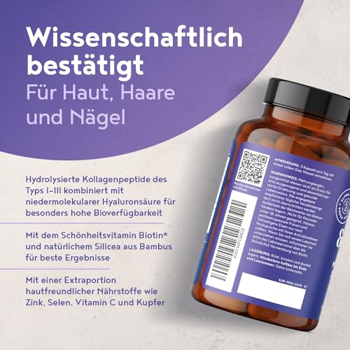 Hyaluron & Kollagen Komplex | 270 Kapseln | Hochdosiert mit Hyaluronsäure, Biotin, Selen, Zink, Vitamin C & Bambusextrakt | Hyaluron Collagen Complex | Haut, Haare, Nägel | Alpha Foods