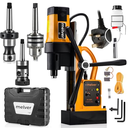 MELVER Magnetic Drill Press Machine MV-28RE High Power 1800W, 230V Industrial Steel Mag Drill, Reverse Rotation, Drilling up to 80mm Tapping up to M18, Weldon Shank 19 mm, MT3, Accessory Kit Set 3