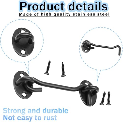 Miniatura 9 de Paquete de 2 ganchos de privacidad de 6 pulgadas y pestillo de ojal, cerradura de puerta de granero negro, ganchos de cabina con tornillos para