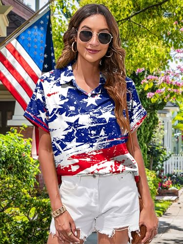 Image of American Flag Shirt for Women 4th of July USA Button Up Tops Summer Hawaii Floral Patriotic Stripes Graphic Tee