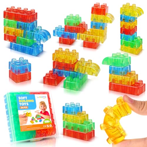 LESONG Sensory Building Blocks for Toddlers: 24PCS Squeezable Silicone Stacking Toys – Early Learning Construction Playset for Preschool Fine Motor Skills, Birthday Gifts