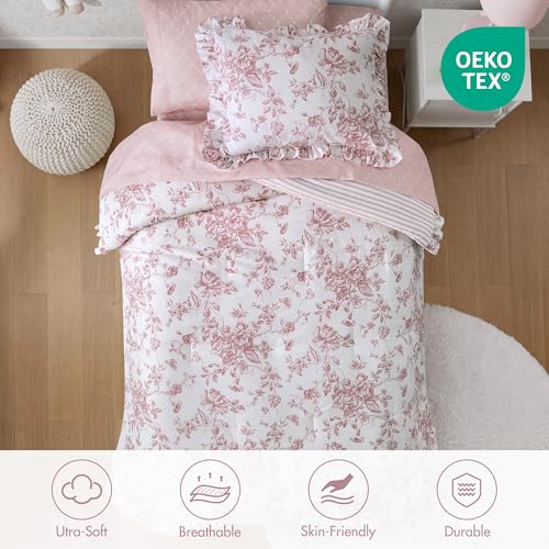 Image of Madison Park Essentials Adele Comforter Set Pink Floral Twin XL - Shabby Chic Vintage Bed in a Bag with Sheet Set, Reversible Ruffle Bedding, College Dorm Gift for Her Women Teen