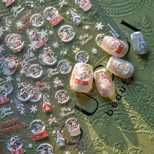 JMEOWIO 3D Embossed Christmas Snow Globe Nail Art Stickers Decals Self-Adhesive 5D Nail Supplies Nail Art Design Decoration Accessories 1 Sheets