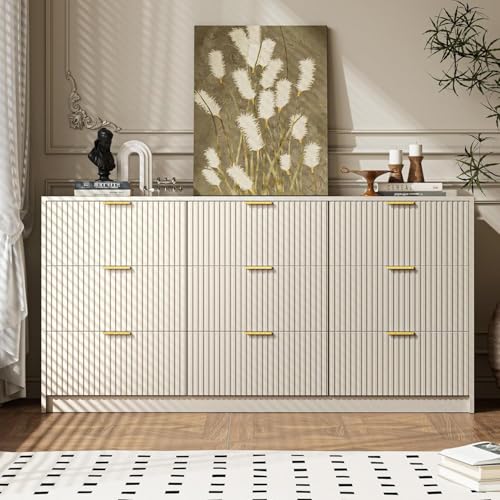 Image of MAISONARIA Beige 9 Drawer Dresser for Bedroom, 63 inch Wide Modern Fluted Dresser with Gold Metal Handles, Chest of Drawers for Bedroom, Living Room, Entryway, Hallway