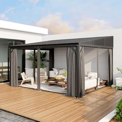 Homsee 12x14 FT Wall Mounted Gazebo with Curtains & Netting, Hardtop Lean to Gazebo with Galvanized Iron Roof & Aluminum Frame, Outdoor Pergola for Patio, Deck, Backyard, Black