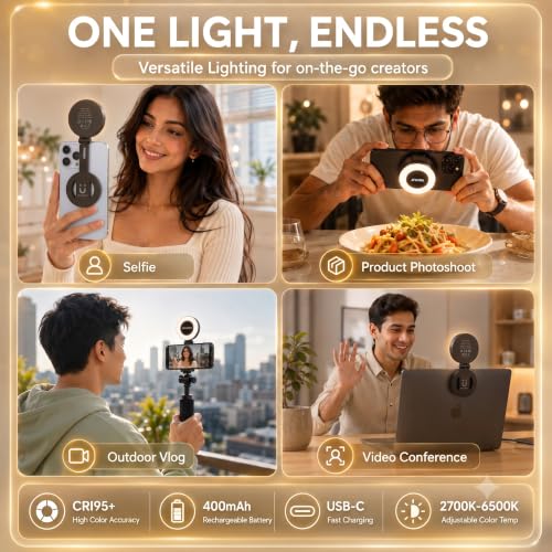Image of Magnetic Selfie Light for Phone - Foldable Light with 180 Rotation, Comes with Adhesive Metal Ring for Android, 3 Color Modes for Night Shoots, Vlogs, Reels & Video Calls (Black)
