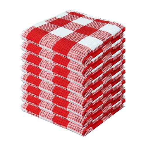 Waffle Weave Plaid Dish Cloth, Dish Cloth 12x12"Set of 8 - Red & White