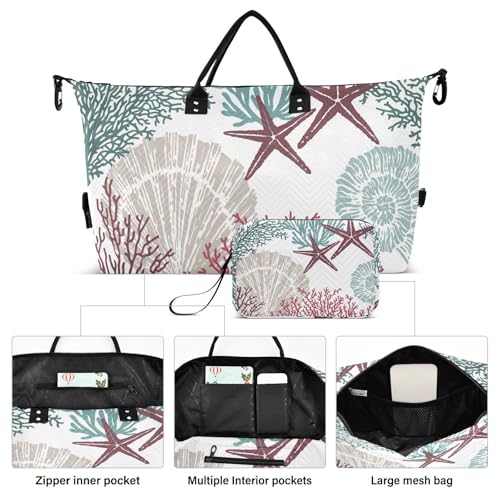 Sea Shells Stars Coral Pattern Duffle Bags for Women Men Waterproof Weekender Overnight Bags Hospital Bag Large Tote Bag with Toiletry Bag for Yoga Gym Travel Sport Hospital2