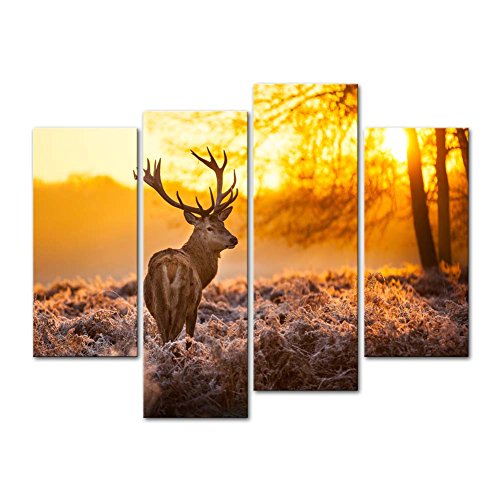 So Crazy Art- Deer in Sunset Wall Art Decor Autumn Forest Canvas Pictures Artwork 4 Panel Animal Wildlife Painting Prints for Home Living Dining Room Kitchen