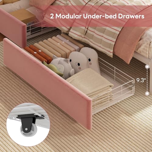 Image of LIKIMIO Full Upholstered LED Bed Frame with 2 Storage Drawers and Bookcase Storage Headboard, Velvet Princess Platform Bed with Charging Station, Heavy Duty Metal Support, No Box Spring Needed, Pink
