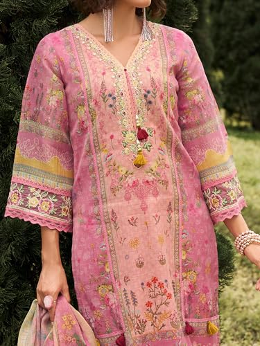 Image of INDO ERA Women's Straight Linen Floral Printed Kurta & Pant with Dupatta Set | Kurta Sets For Woman