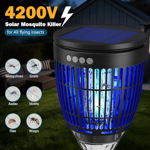 Image of All in 1 Solar Bug Zapper Outdoor, Flame & Projection Mode, Auto /Manual Modes, 4200V Electric Mosquito Killer with High Powered, IPX5 Waterproof Rechargeable Fly Insect Trap for Patio Garden Yard RV