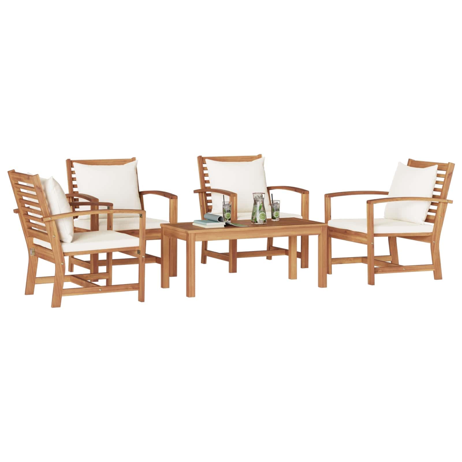 Set di mobili da giardino in teak 5 pezzi, divano da giardino in teak massiccio, marrone, con cuscini per seduta con cerniera, facile da pulire e installare, perfetto per terrazza